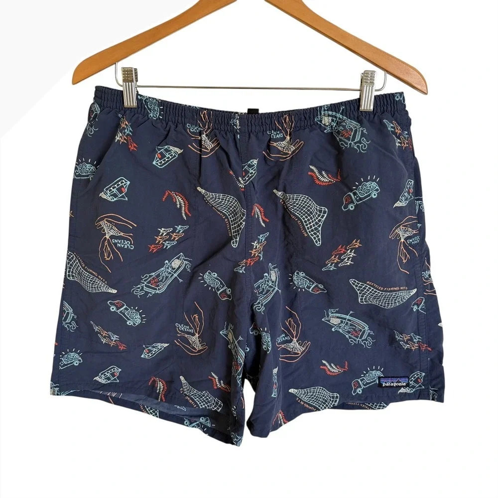 Patagonia Netplus Mens Large Navy Blue Fishing Net Swim Trunks‎ Shorts  Lined